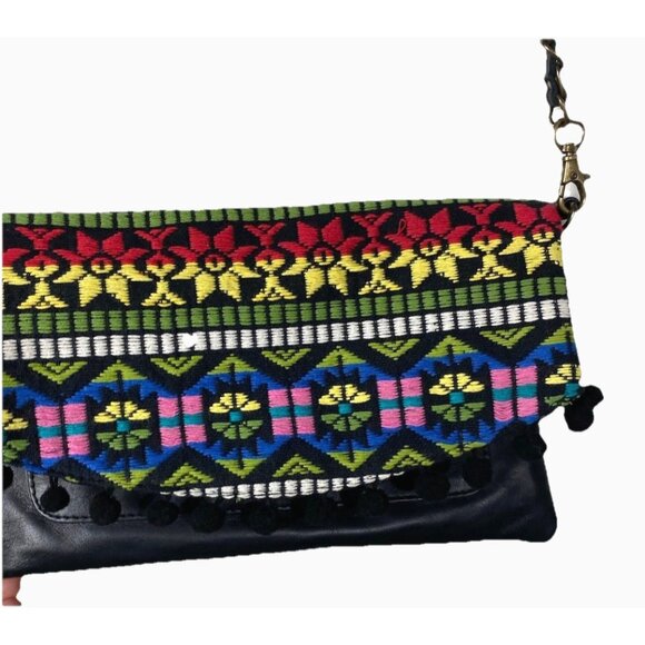 Boho Embroidered Leather Crossbody Bag Womens PomPom Trim Festival Hippie Purse - Picture 2 of 11